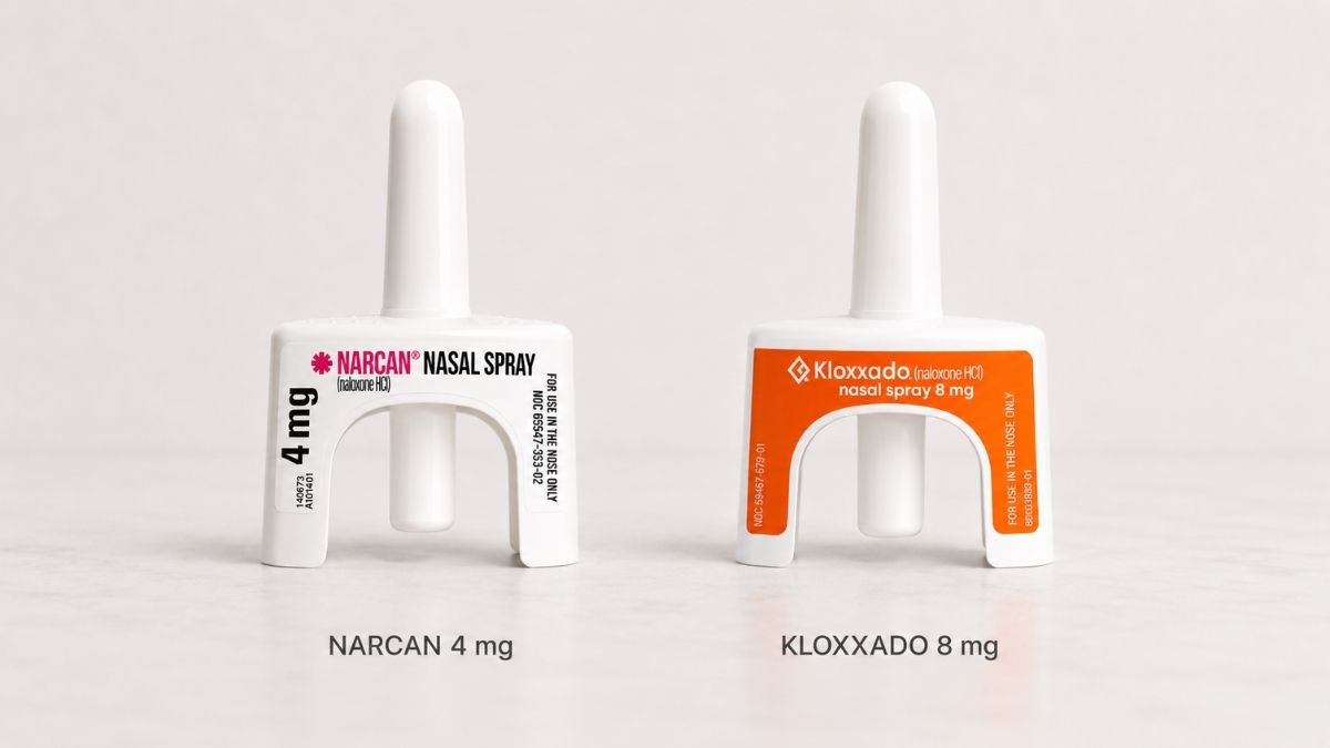 NARCAN 4 mg and KLOXXADO 8 mg naloxone nasal spray devices shown side by side